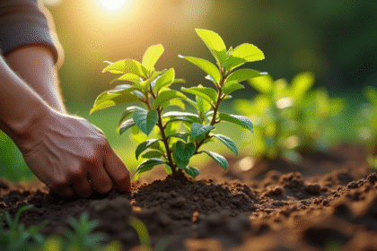 Personne plantant un arbuste japonais dans un jardin ensoleille