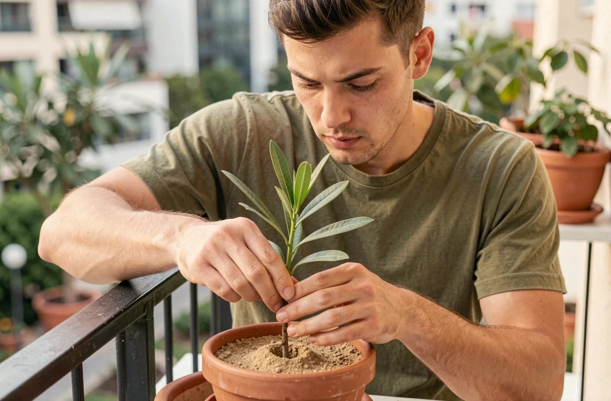 Jeune homme plantant une bouture de laurier rose dans un pot en terre cuite avec un substrat drainant sur un balcon extérieur