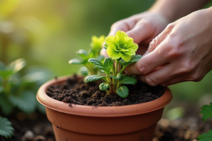 Main plantant un geranium vert en pot en plein air