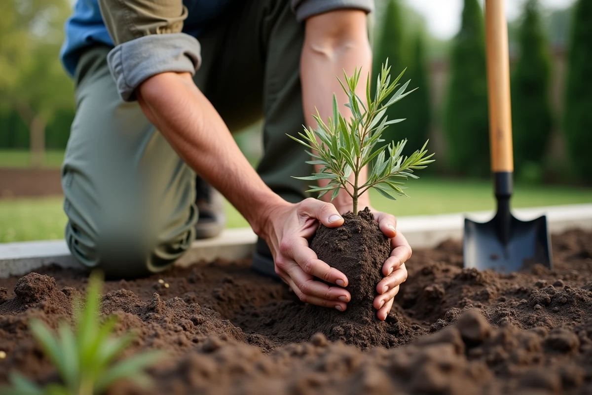 Jardinier plantant un jeune olivier dans un jardin résidentiel avec soin et expertise