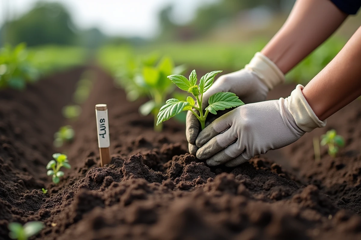 Plantation de plants de tomates en pleine terre avec étiquette manuscrite dans un potager au printemps