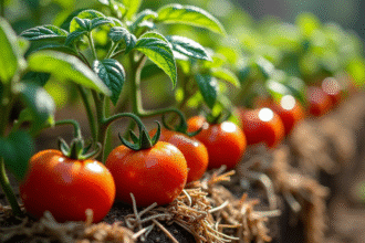 Plants de tomates dans un jardin avec paillage et rosée