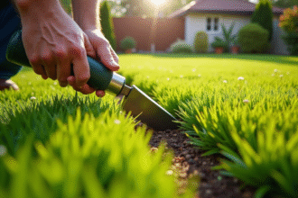 Jardinier installant du gazon artificiel dans un jardin ensoleille