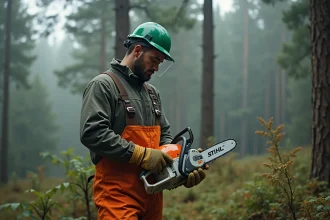 Professionnel forestier inspectant une tronçonneuse Stihl MS 211 en lisière de forêt