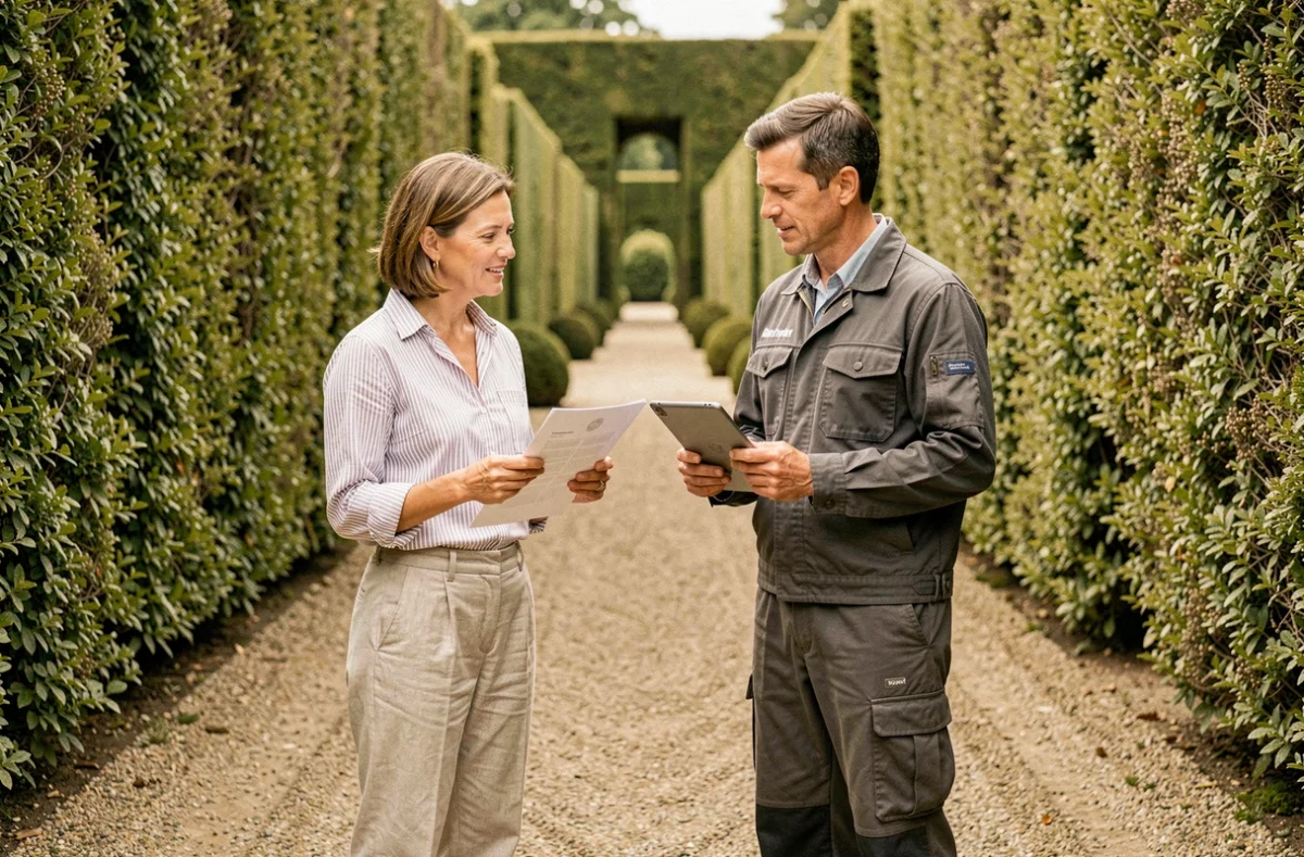 Propriétaire et paysagiste discutant du tarif de taille de haie devant une allée de charmes taillés dans un jardin à la française
