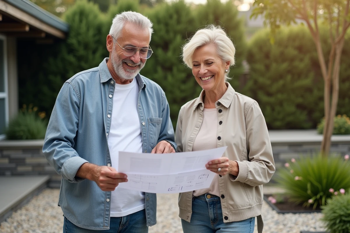 Couple de propriétaires satisfaits consultant les plans de leur projet d'aménagement extérieur sur leur nouvelle terrasse