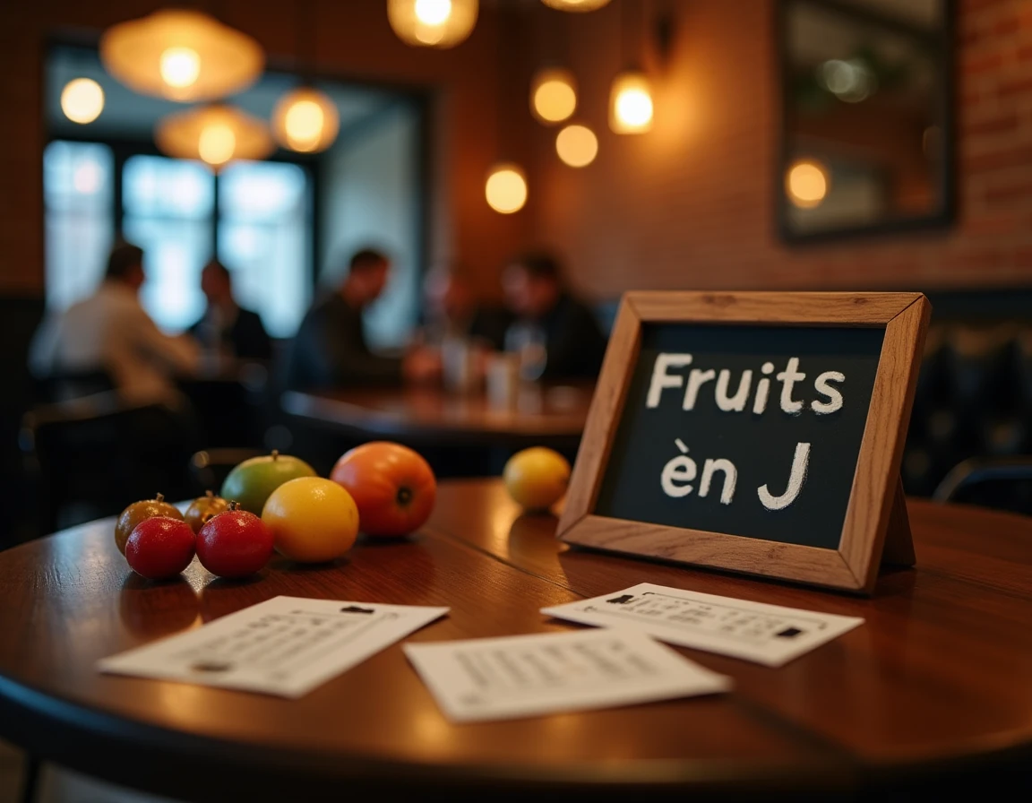 Table de quiz nocturne dans un bar avec des fruits exotiques en J et des cartes de trivia vintage