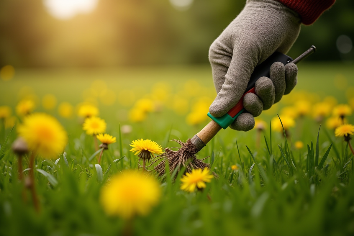 Main gantée tirant la racine d un pissenlit en detail