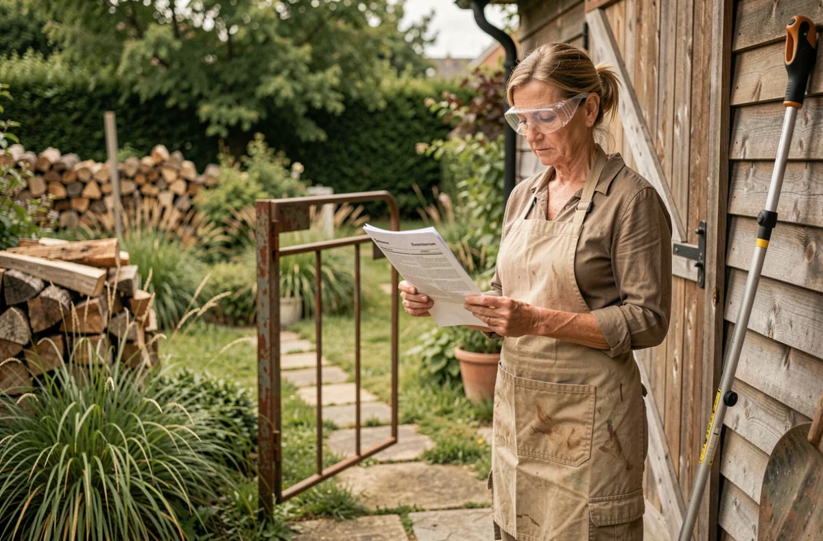 Femme consultant une réglementation sur l'utilisation du débroussaillant dans son jardin particulier