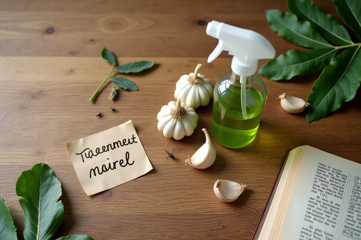 Remèdes naturels contre les chenilles vertes disposés sur une table en bois : ail, neem et spray maison
