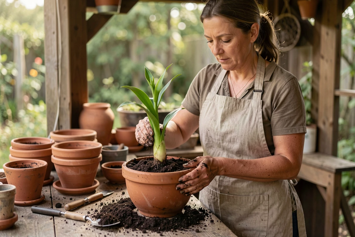 Femme en tablier de lin rempoter un bulbe de lys oriental dans un pot en céramique sur un établi de jardinage