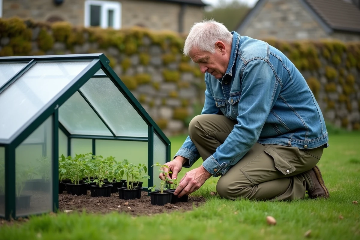 Jardinier transplantant de jeunes plants de tomates sous châssis froid dans un potager en début de printemps
