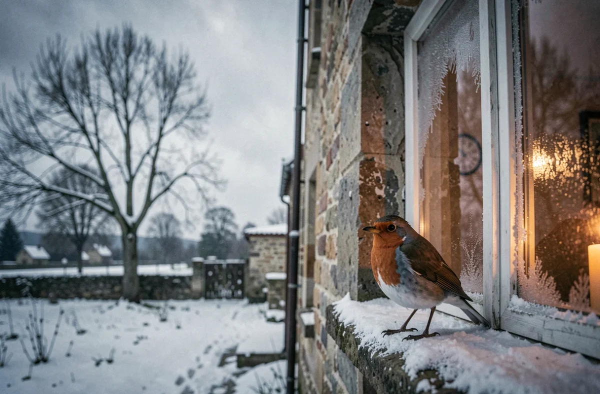 Rouge-gorge sur le rebord d'une fenêtre enneigée d'une vieille maison en hiver, évoquant une visite symbolique lors d'un deuil