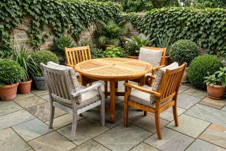 Salon de jardin en bois teck sur une terrasse en pierre, montrant le contraste entre teck naturellement vieilli gris argenté et teck huilé brun chaud