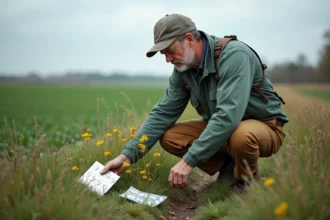 Scientiste environnemental examinant des fleurs sauvages près d'une ferme