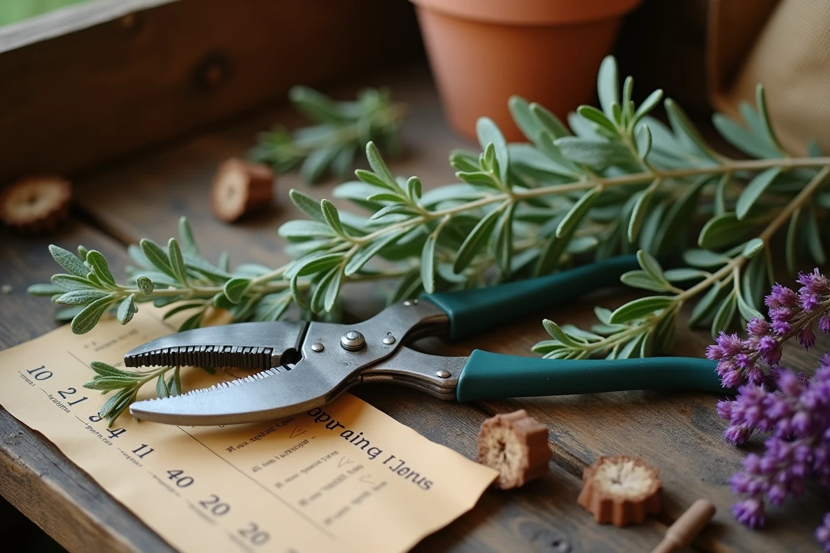 Sécateur de jardin posé sur des tiges de sauge arbustive taillées avec un calendrier de taille manuscrit