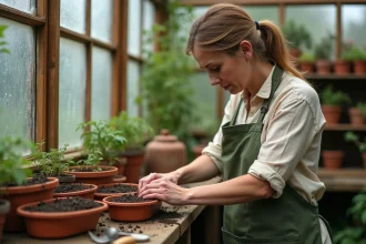 Femme semant des graines de tomates dans des bacs en terracotta à l'intérieur d'une serre en bois au printemps