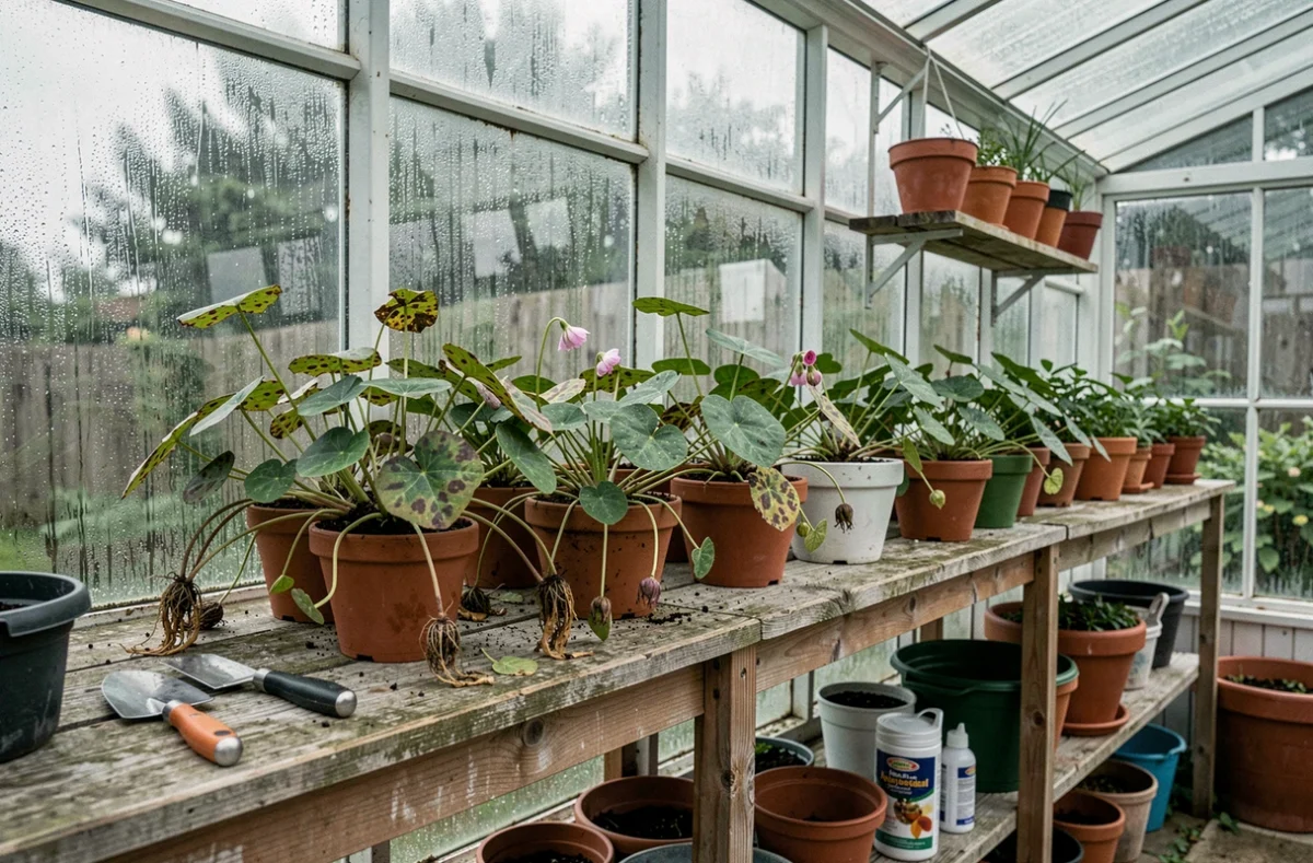 Étagère de serre avec plusieurs plants d'Oxalis malades présentant des signes de parasites et de maladies
