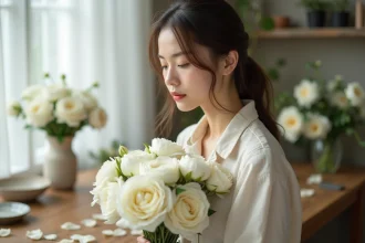 Jeune femme tenant un bouquet de pivoines et gardenias blancs dans un atelier de fleuriste rustique, symbolisant la pureté et la contemplation