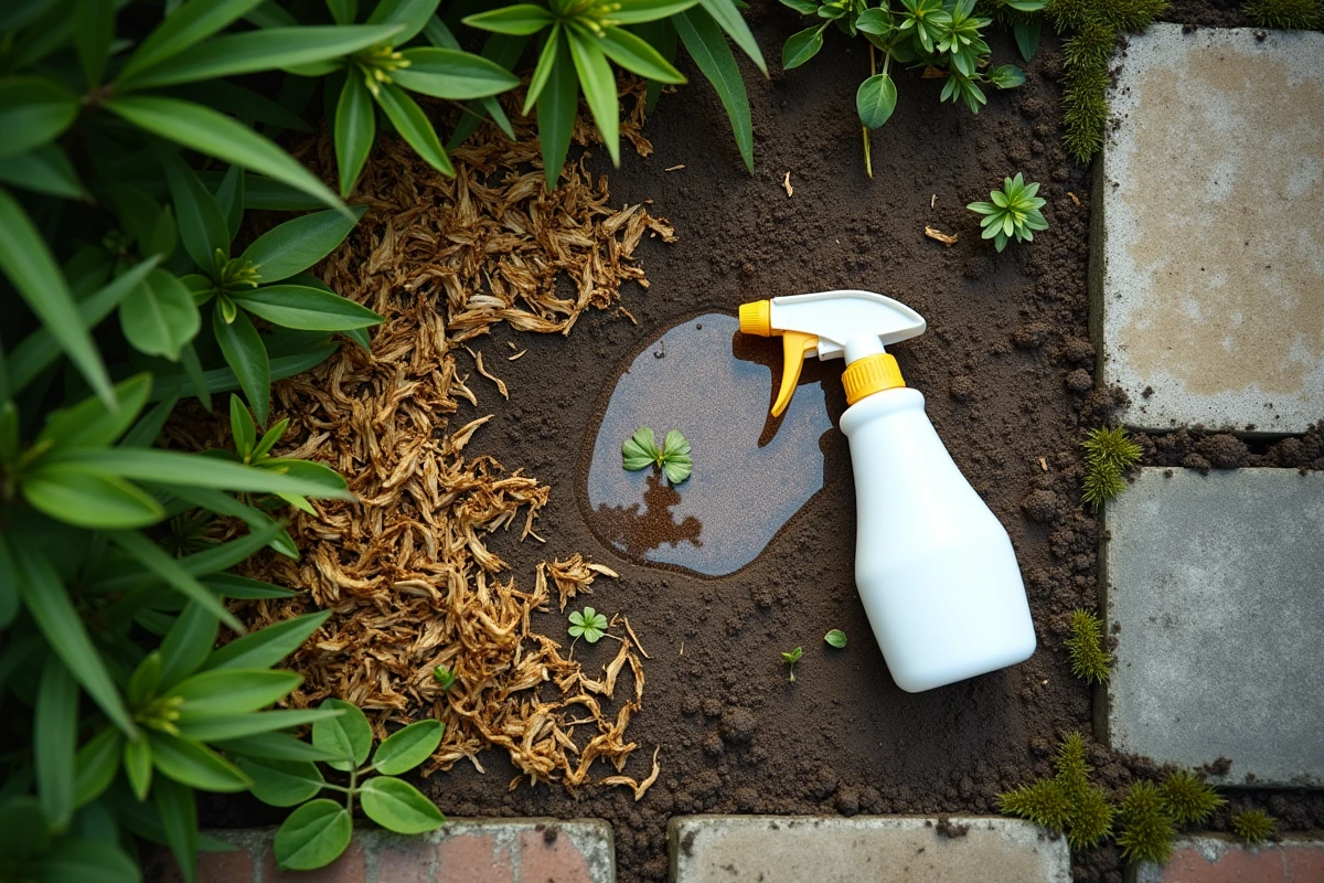 Gros plan sur un sol de jardin avec des mauvaises herbes mortes suite à l'utilisation d'AdBlue comme herbicide alternatif
