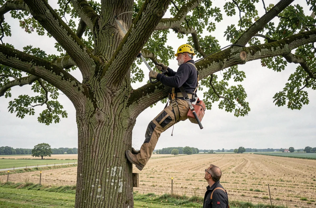Arboriste de Somme Paysage réalisant un élagage en hauteur sur un grand arbre près d'Albert