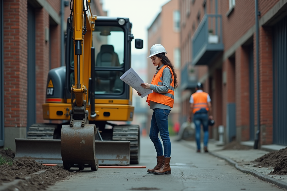 Superviseure en urbanie avec mini pelle et plan
