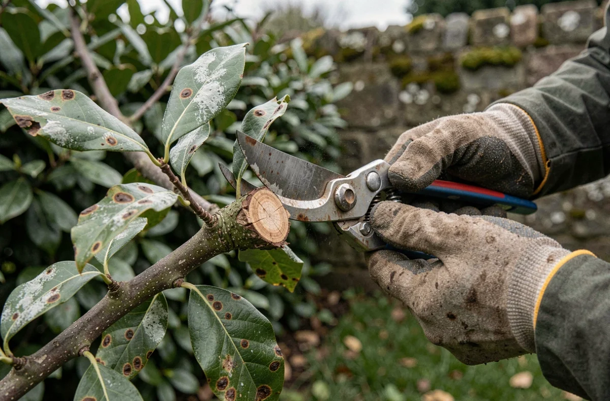 Taille d'une branche de laurier malade avec un sécateur, feuilles nécrosées et mildiou visibles