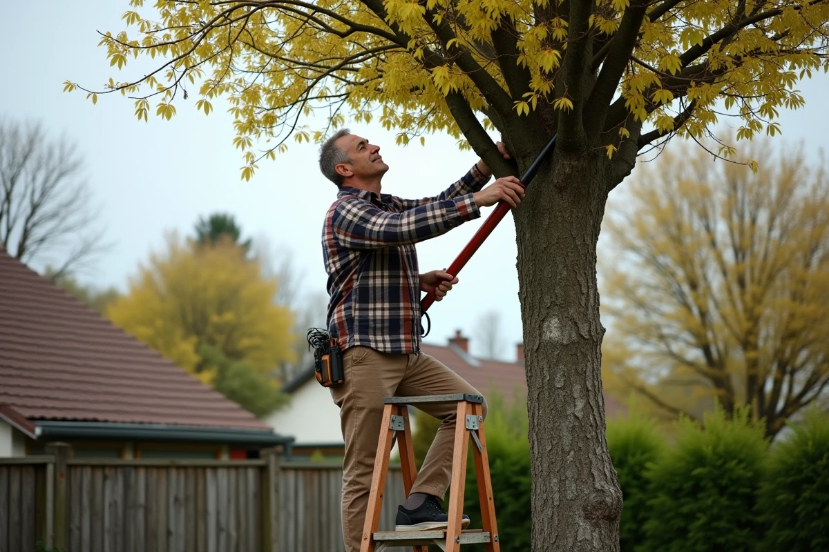 Homme sur escabeau taillant un grand mimosa avec un ébrancheur, taille en hauteur pour contrôler la croissance et éviter les rejets