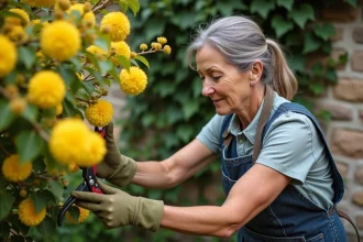 Femme taillant un mimosa en fleurs avec un sécateur dans un jardin provençal, technique de taille pour favoriser la floraison