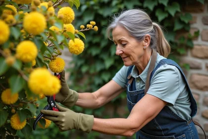 Femme taillant un mimosa en fleurs avec un sécateur dans un jardin provençal, technique de taille pour favoriser la floraison