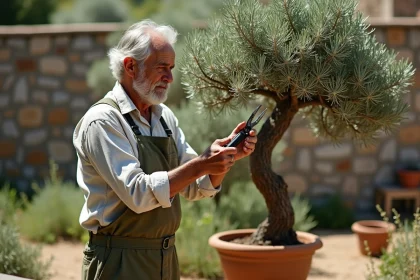 Jardinier taillant un olivier en nuage dans un jardin méditerranéen authentique