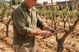 Jardinier taillant un pêcher de vigne après récolte dans un verger provençal en fin d'été