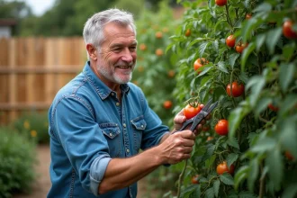 Homme en jardinage taille des tomates dans son jardin