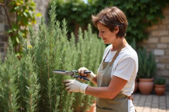 Femme taillant un buisson de romarin dans un jardin méditerranéen avec un sécateur en acier