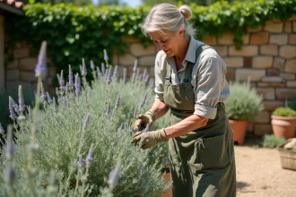 Femme taillant une sauge arbustive dans un jardin de campagne français avec des cisailles de jardinage
