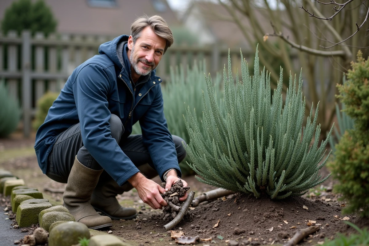 Jardinier inspectant les bourgeons d'une sauge arbustive taillée au printemps dans le nord de la France