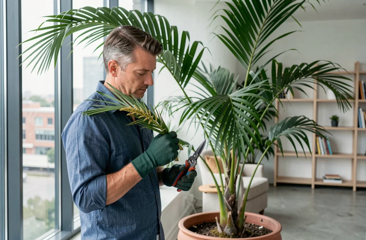 Homme retirant la fleur coupée d'un palmier en pot à l'intérieur d'un appartement moderne