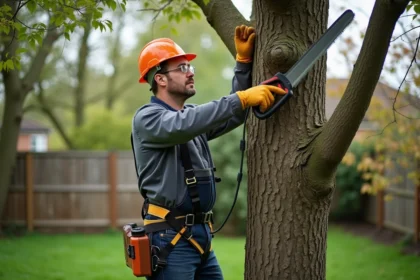 Homme professionnel en arboriculture coupe des branches en hauteur