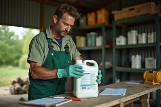 Technicien agricole examinant un bidon de glyphosate 5 litres dans un hangar de stockage agricole en Espagne