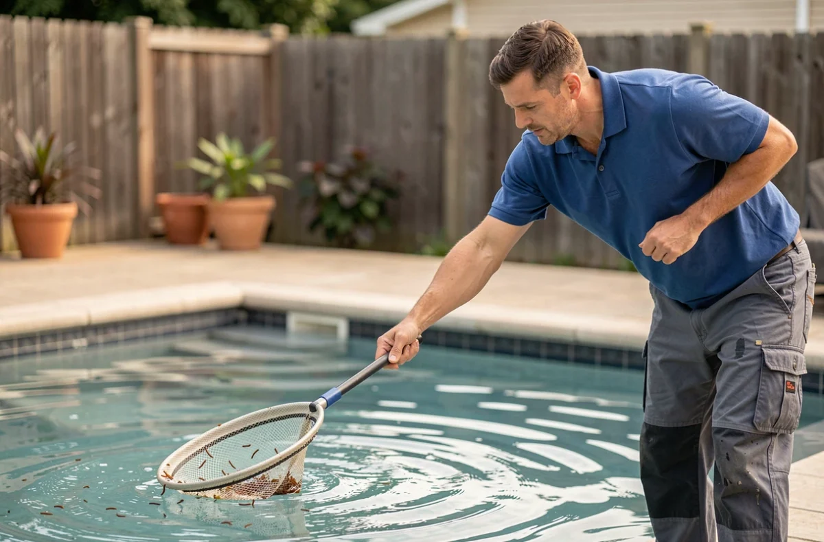 Technicien de piscine retirant des vers et débris de la surface de l'eau avec une épuisette fine