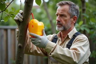 Technicien installant un piège à frelon jaune sur une branche d'arbre dans un jardin