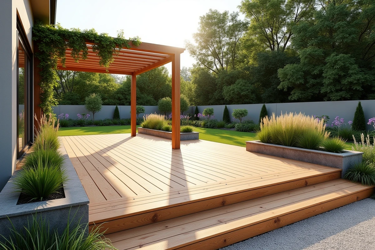 Terrasse en bois composite avec pergola et jardinières intégrées, réalisation haut de gamme d'aménagement extérieur