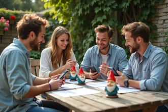 Groupe d'amis autour d'une table de jardin organisant un tournoi nain de jardin avec des smartphones et des fiches de score