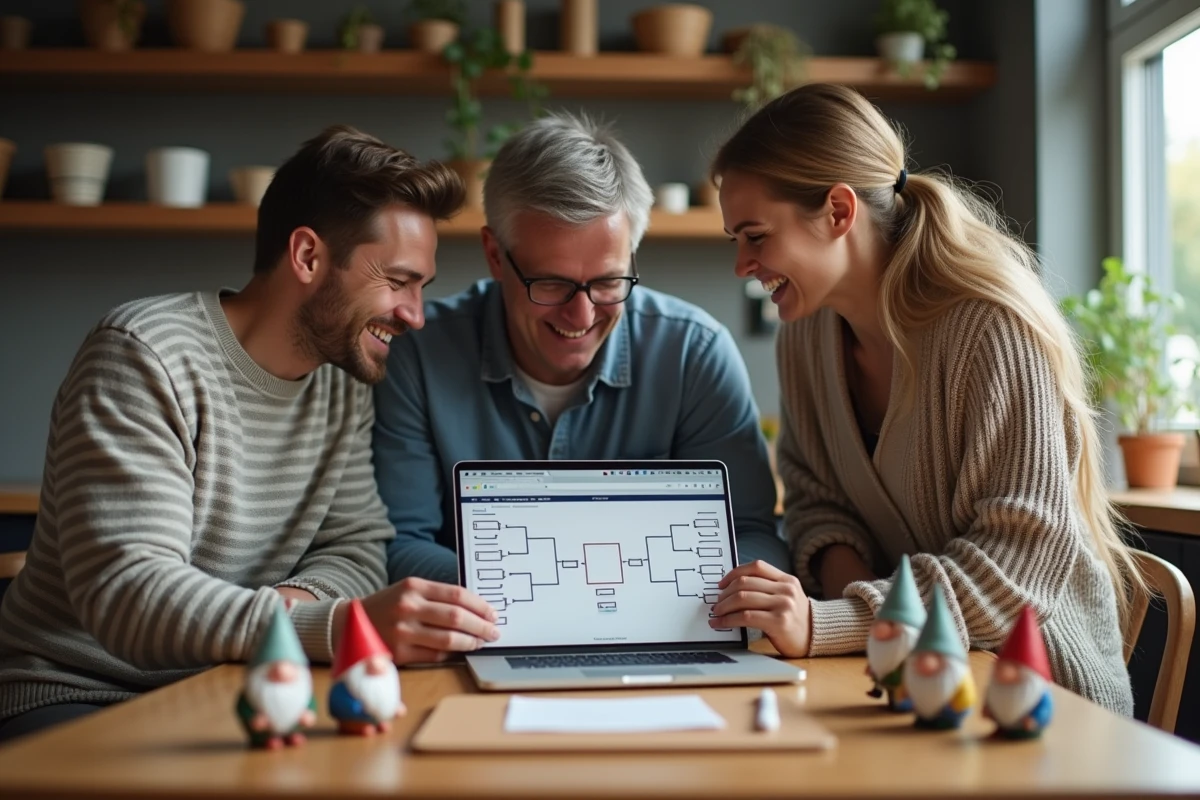 Groupe d'amis en intérieur consultant un tableau de tournoi de nains de jardin autour d'un ordinateur portable