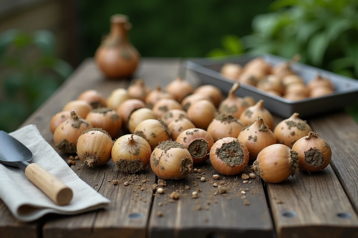 Bulbes de tulipe triés sur une table de jardin en bois pour identifier les bulbes sains et ceux atteints de moisissure ou de pourriture
