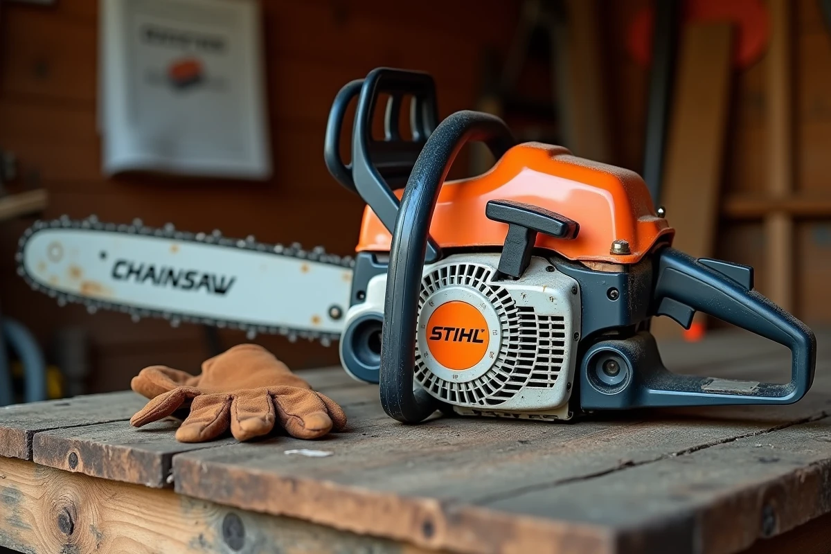 Tronçonneuse Stihl MS 211 posée sur un établi avec manuel technique et accessoires