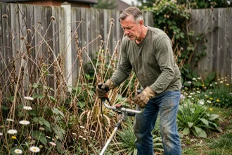 Homme utilisant un débroussaillant thermique dans un jardin envahi par la végétation sauvage