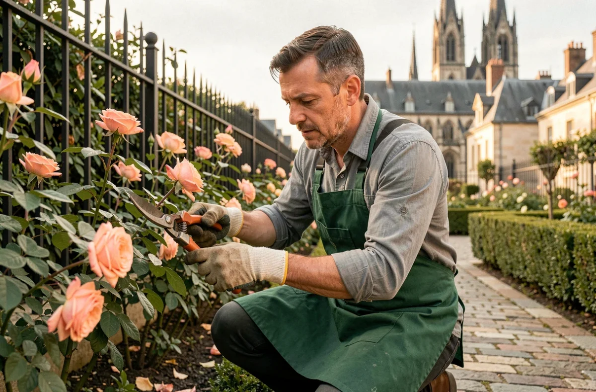 Jardinier professionnel taillant des rosiers dans un jardin ornemental urbain à Bourges, représentant l'entreprise Végétal Passion