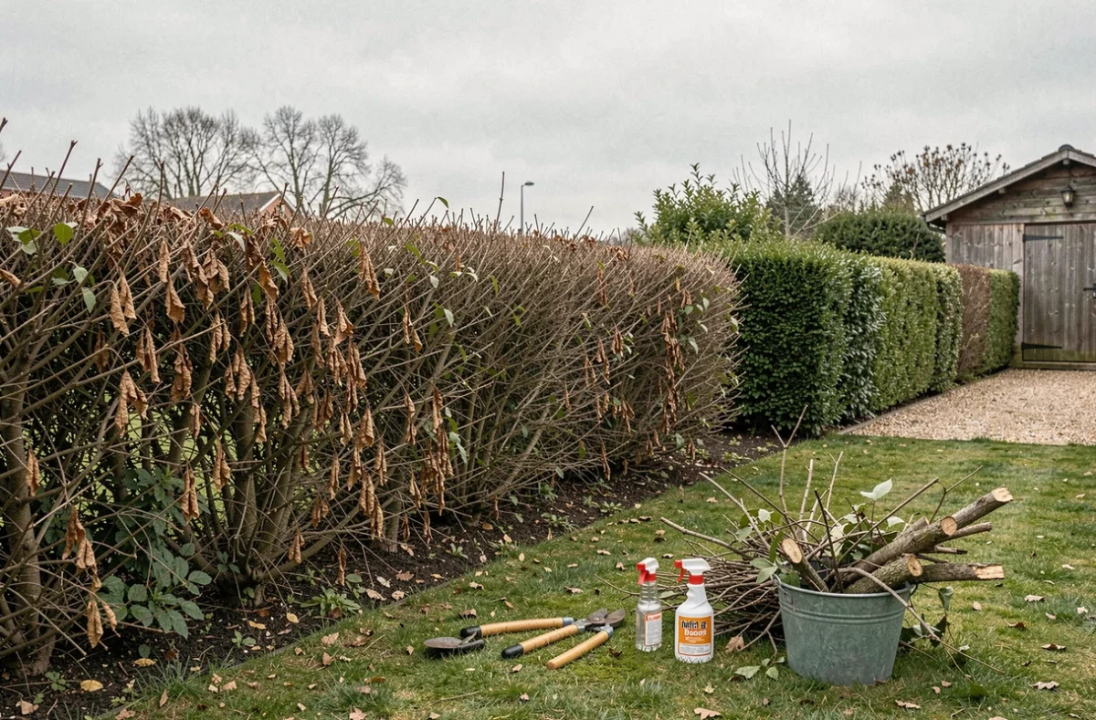 Vue d'ensemble d'une haie de laurier malade dans un jardin avec outils de taille posés sur la pelouse